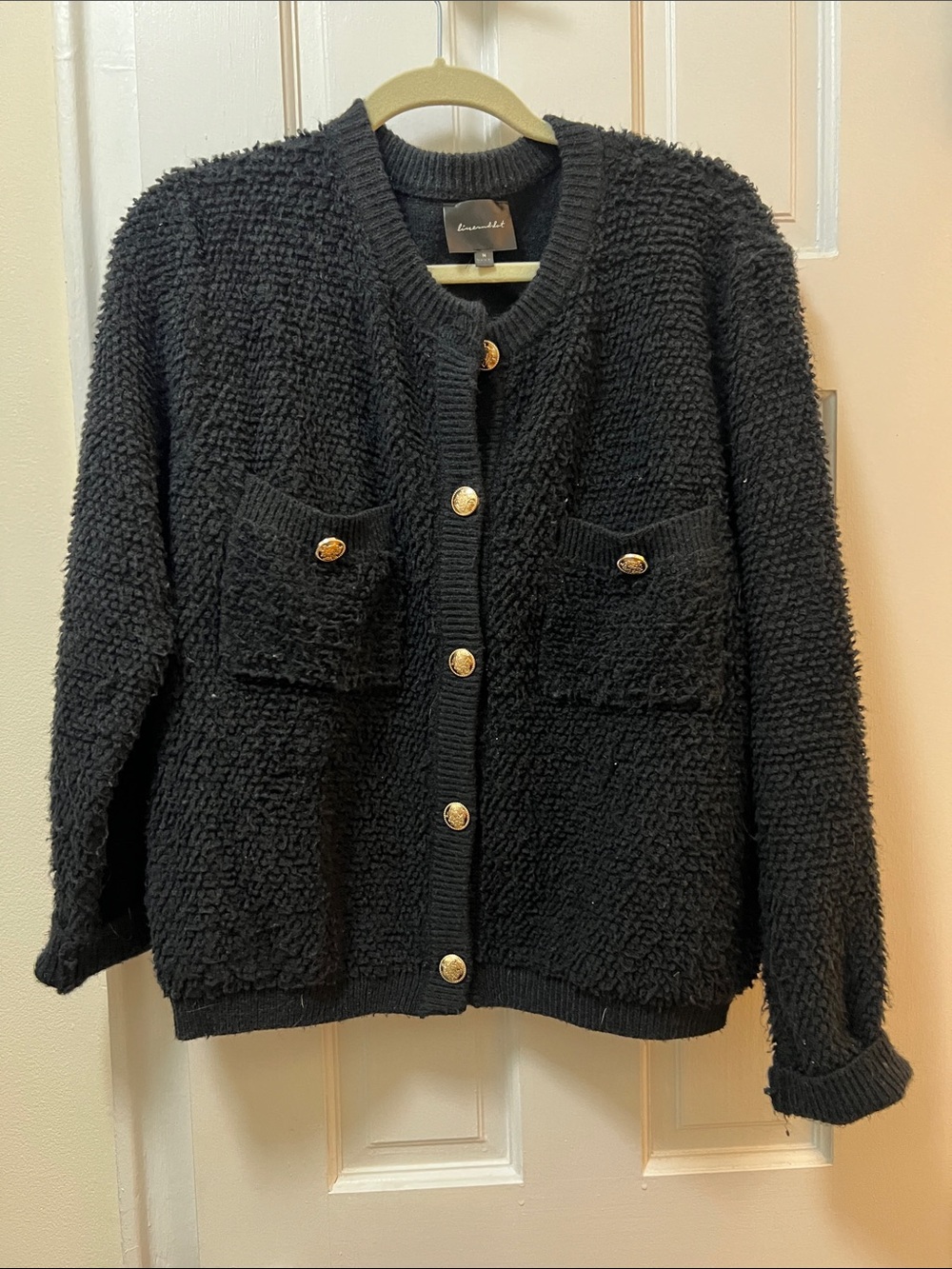 Textured Black Bouclé Cardigan with Gold-Tone Buttons